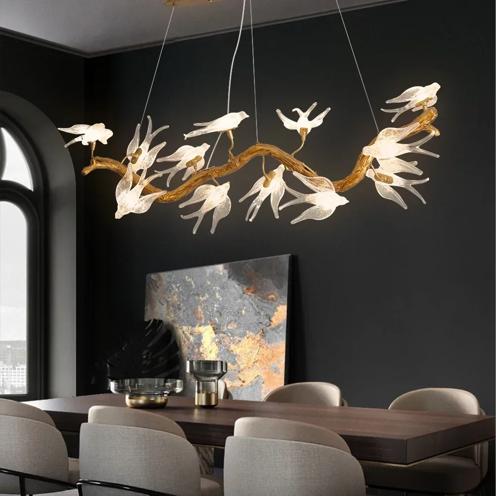 Designer Glass Bird Song Crystal Chandelier Pure Copper Luxury Retro Living Dining Room Decoration Hanging Branching Chandelier