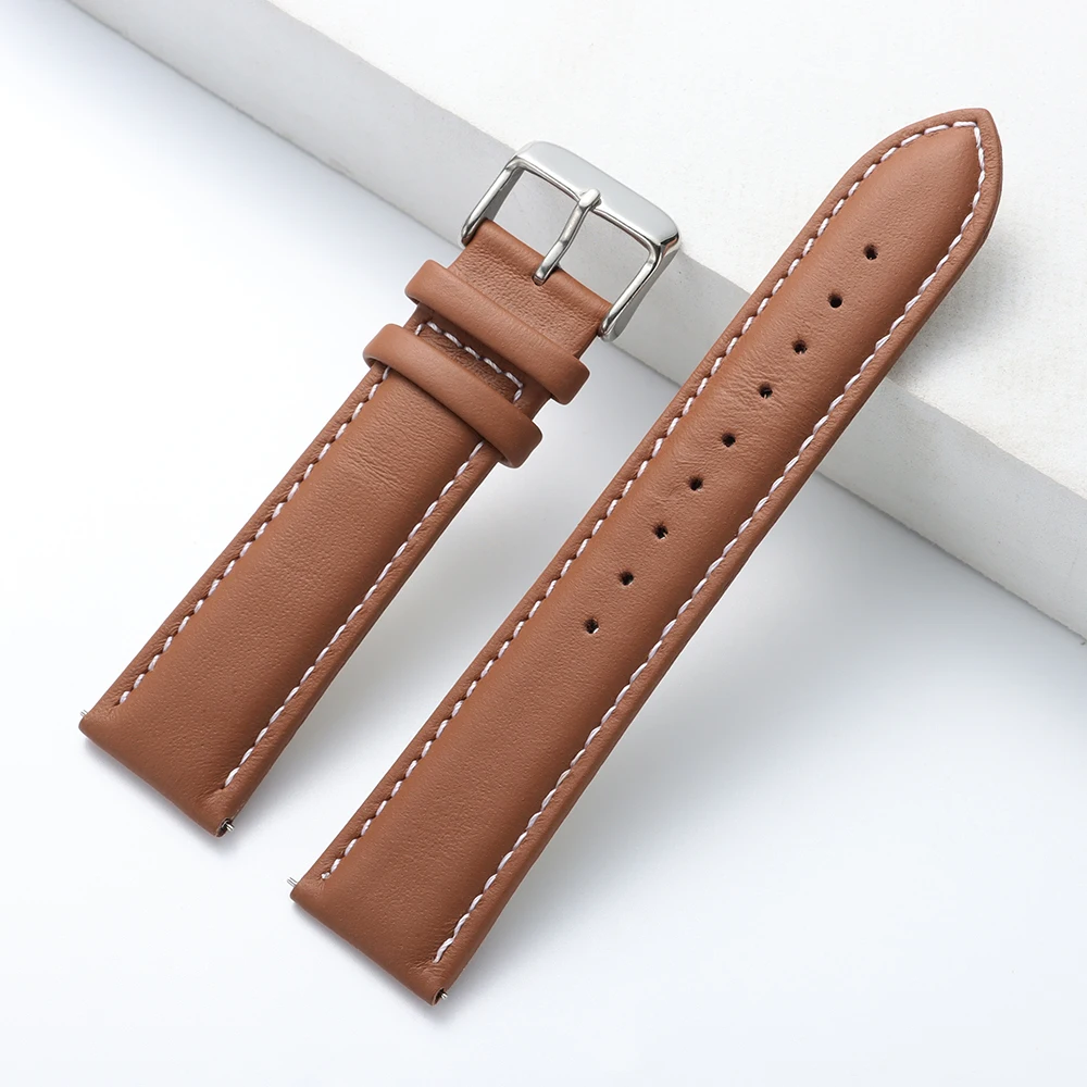 Premium Calfskin Leather Watch Band with Stainless Steel Buckle