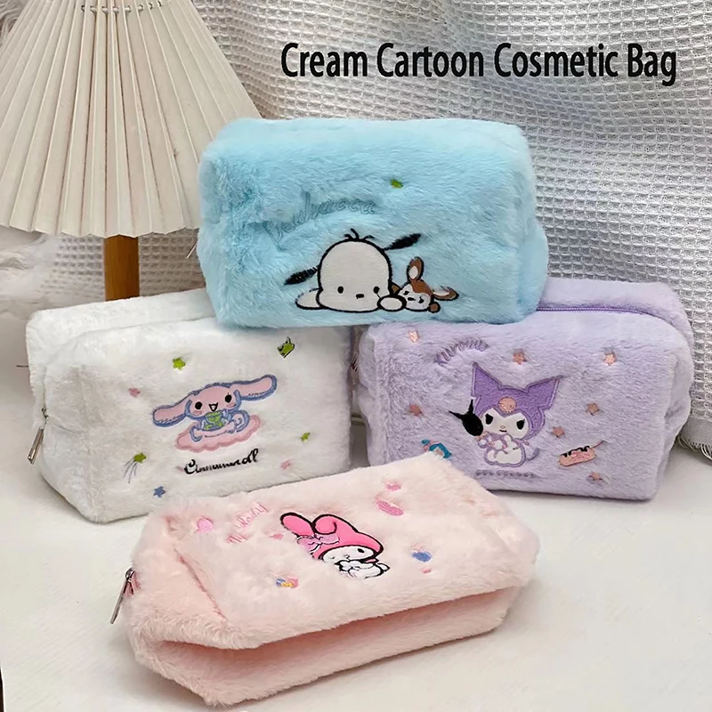 

Sanrio Plush Cosmetic Bag Kuromi Cinnamoroll Melody Plush Makeup Bags Soft Stuffed Travel Storage Bag Cute Pencil Bag Pouch