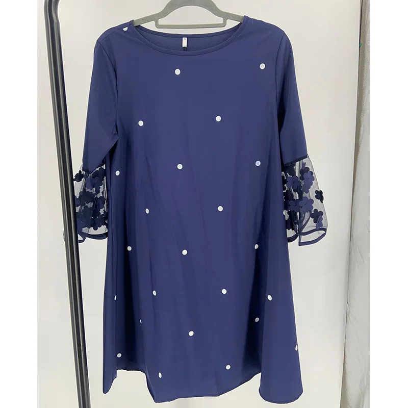 Fashion Solid Patchwork Wave Point A-line Skirt Spring Summer Elegant O-Neck Net Yarn Three Quarter Sleeve Loose Plus Size Dress