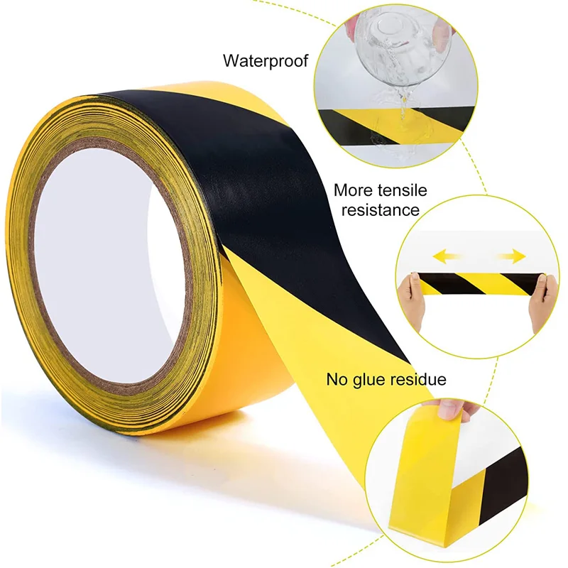 Ruban à rayures de sécurité à l'iode noir et jaune, 48mm x 15m, idéal pour prévenir les risques, distance sociale, entrepôt, sol de gym