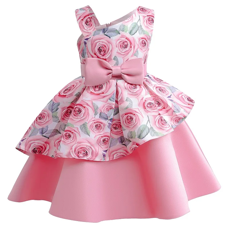 

Girls' Dress New Rose Blossom Print Bow Children's Dress Oblique Shoulder Princess Dress Summer Girls' Sleeveless Dress