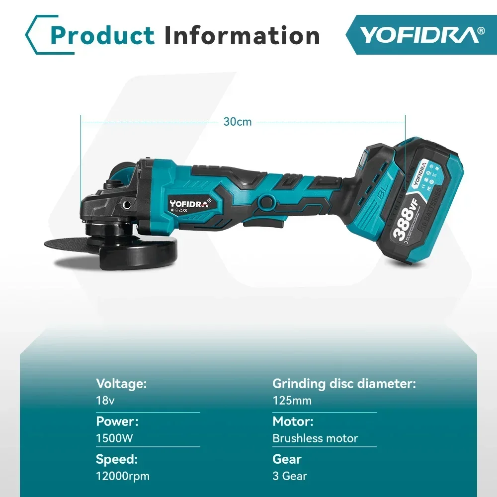 Yofidra 125mm Brushless Electric Angle Grinder 3 Gear Variable Cordless Grinding Cutting Woodworking Tool For Makita 18V Battery 2
