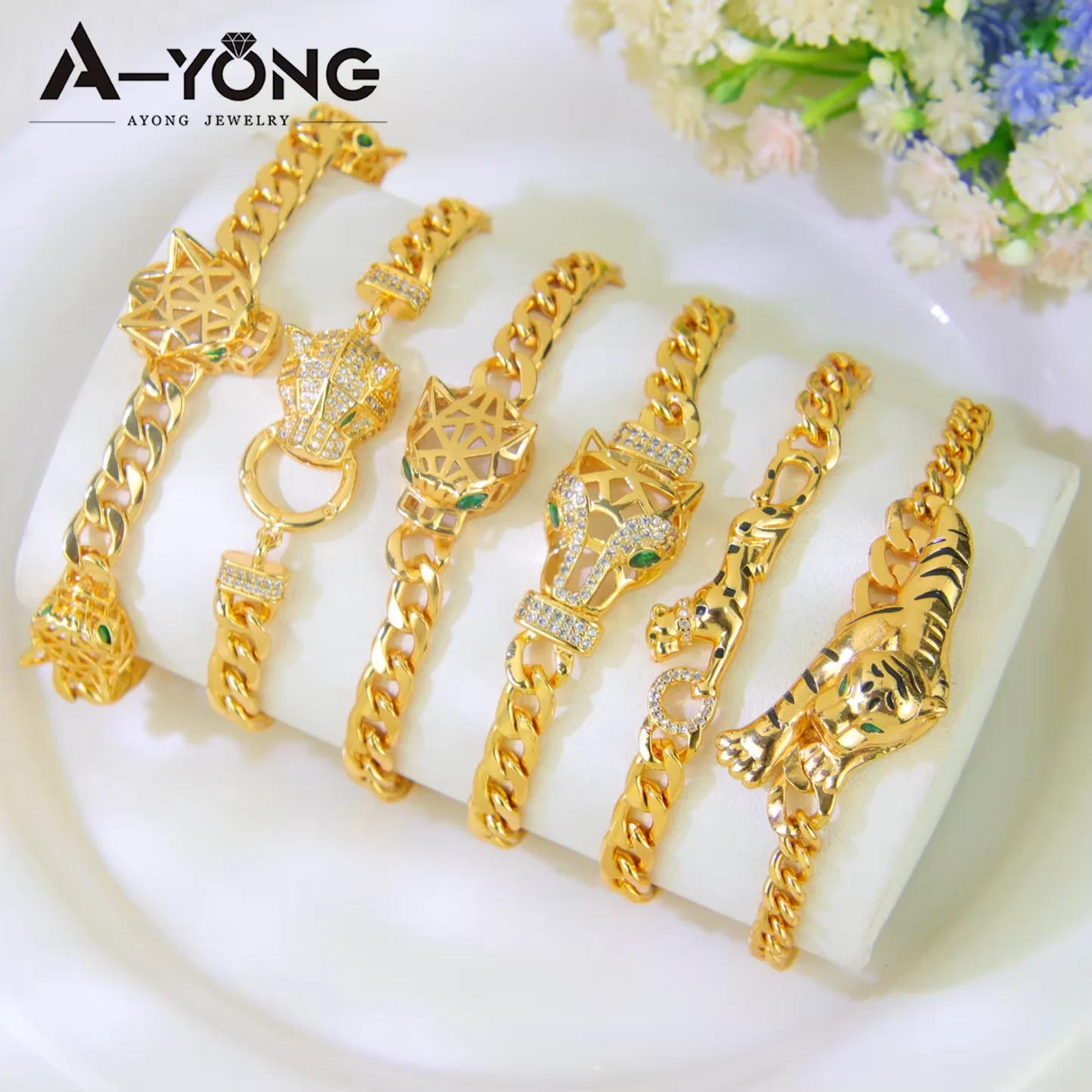Italienisches Zirkonia Hip-Hop Leoparden-Armband 21k Vergoldet Punk Panther Armbänder Nahost Damen Vintage Party Schmuck