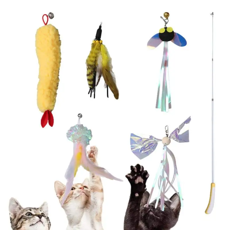 

Feather Cat Toy Wand Retractable Teaser Interactive Catcher 6 PCS Funny Kitten Toys Cat Toy Fishing Rod With Replacement Teasers