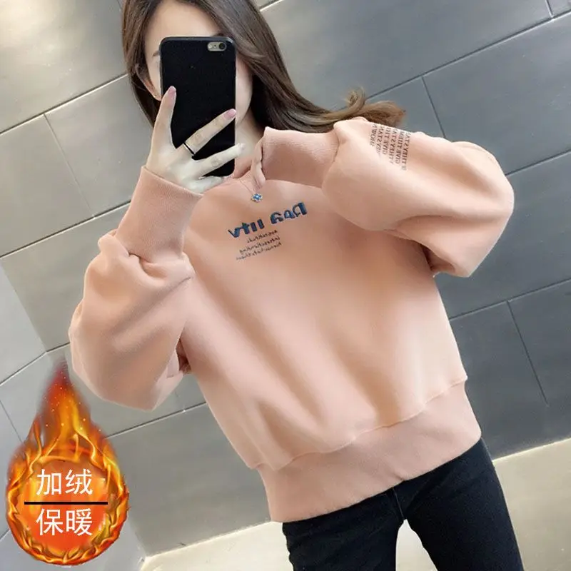 Women's Autumn Winter New Fashion Elegant Round Neck Long Sleeve Pullover Solid Color Sweatshirt Casual Loose Western Style Tops