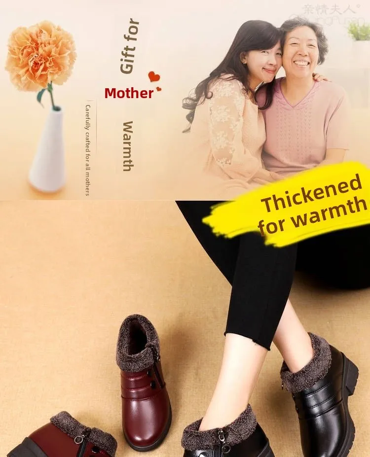 أحذية شتوية مبطنة بالصوف الدافئ بجزء سفلي مسطح ومضادة للانزلاق أحذية الثلوج النسائية القطنية بنمط بكين نعل مطاطي ناعم مريح
