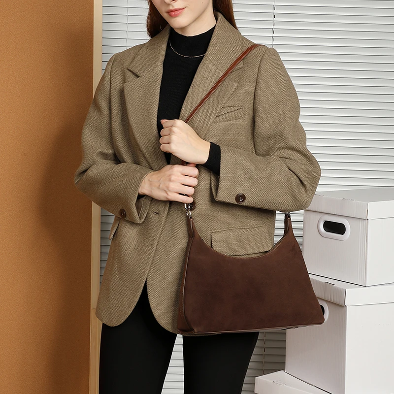 Hifashion Suede Cow Genuine Leather Underarm Shoulder Bags For Women 2025 Trend Designer Messenger Hobo Big Tote Ladies Handbags 4