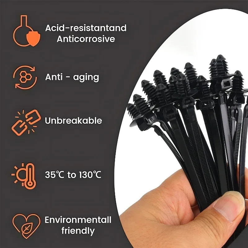 1-40Pcs Car Nylon Threaded Head Harness Cable Ties Multi-purpose Nylon Black Cable Thrust Clip Organize The Line Auto Accessorie