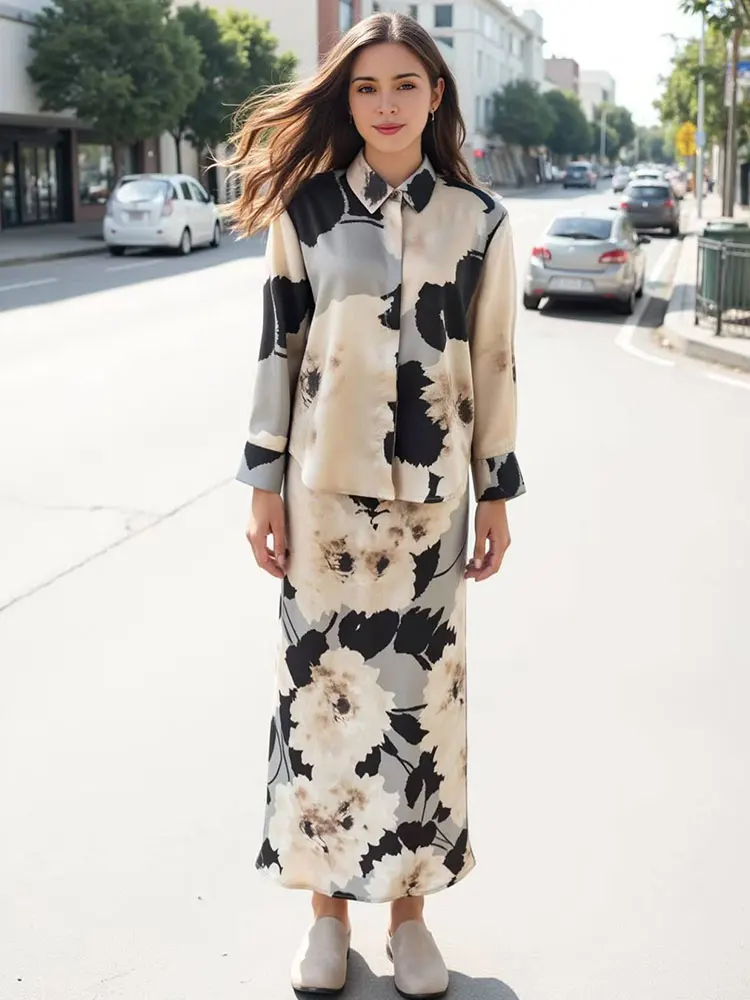 HH Women Elegant Floral Print Blouse Skirt Suit Lapel Single Breasted Shirt High Waist Skirts 2025 Spring New Fashion Sets