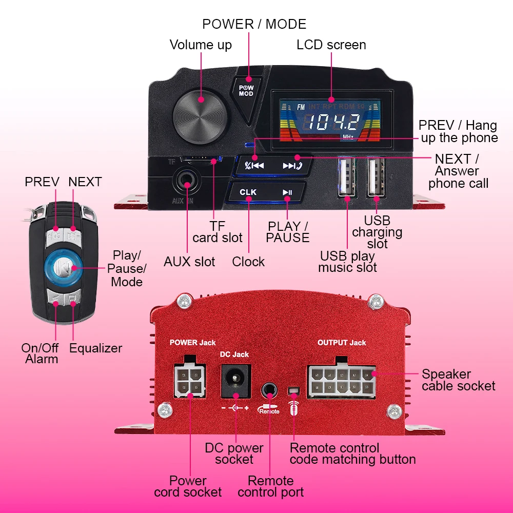 1세트 오토바이 블루투스 스테레오 키트 12V 100W 4채널 4 스피커 LCD 컬러 스크린 듀얼 리모컨 USB TF AUX 핸즈프리 통화 도난 방지