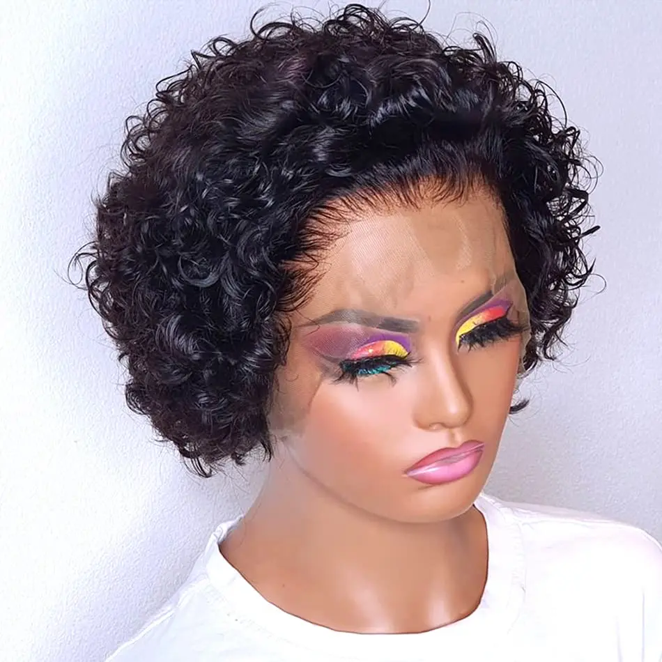 Short Curly Human Hair Wigs Pixie Cut Bob Glueless Wigs 13x1 Lace Front for Women