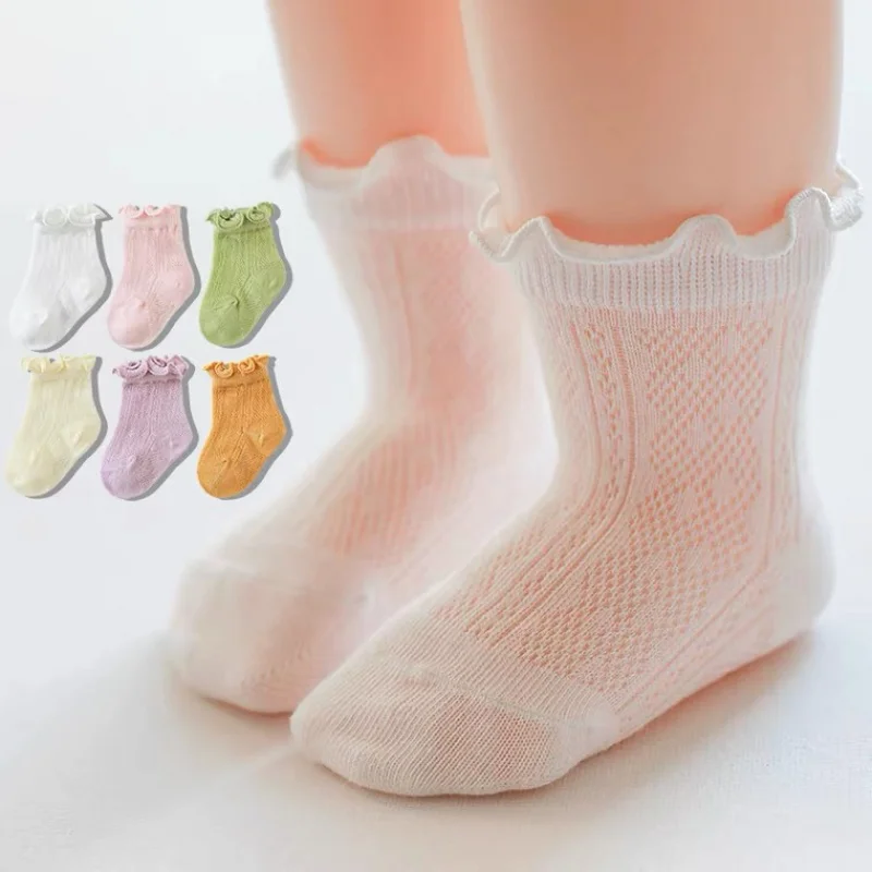 

3Pairs/lot Baby Socks Summer Thin Mesh Cotton Breathable Newborn Baby Ankle Socks Solid Color Ruffle Frilly