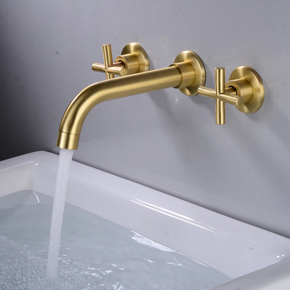 brushed-faucet-gold-dual-handles-wall-mount-basin-tub-mixer-3-pcs-faucet-taps