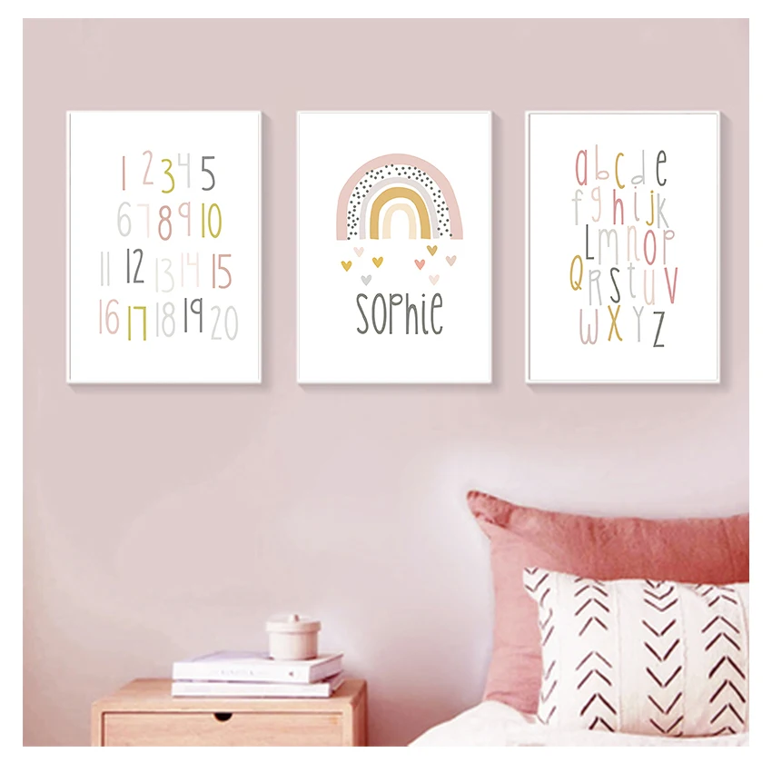 Stampa Su Tela Arcobaleno Nome Personalizzato Immagini D'Arte Nursery Decor Poster Da Parete Per Baby Room Abc Alphabet Poster Numero Pittura