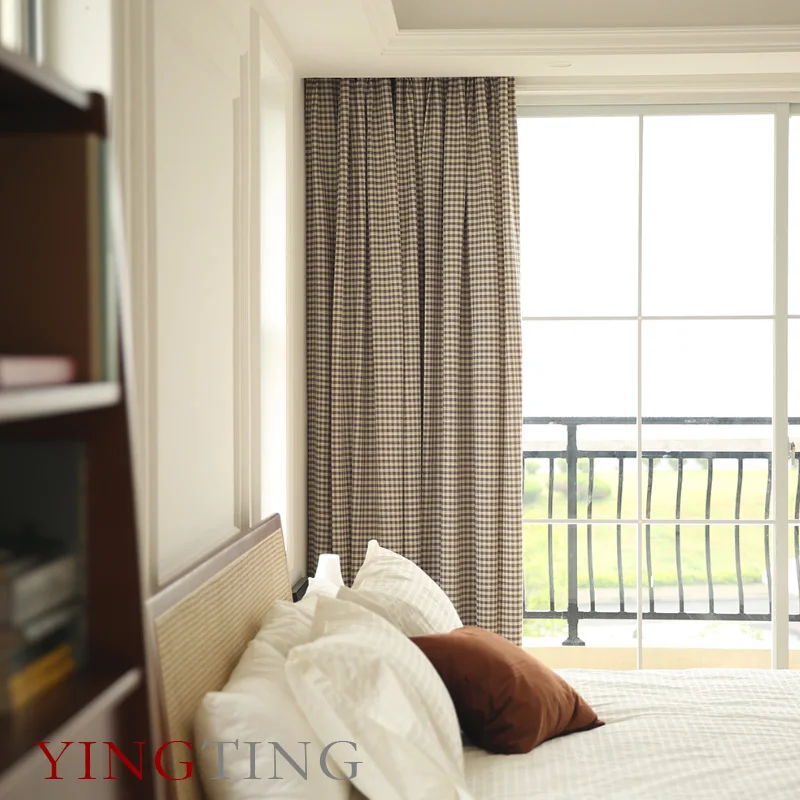New Coffee Color Small Plaid American Modern Simple Custom-made Semi-blackout Window Curtains for Living Dining Room Bedroom 4