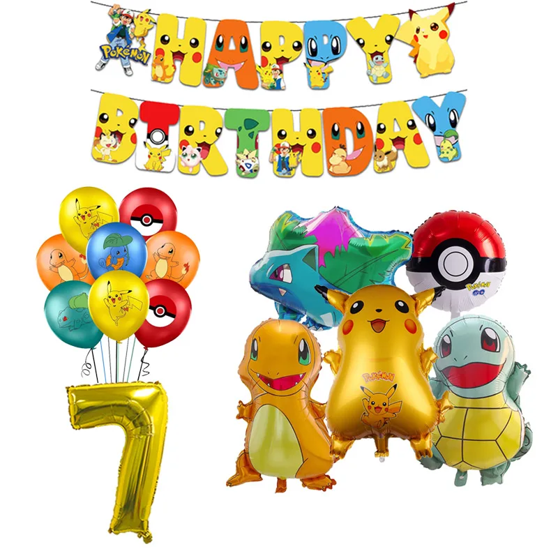 Pokemon Blue Theme Birthday Party Decorations Classical Cartoon Disposable Tableware Latex Aluminum Foil Balloons Event Supplies