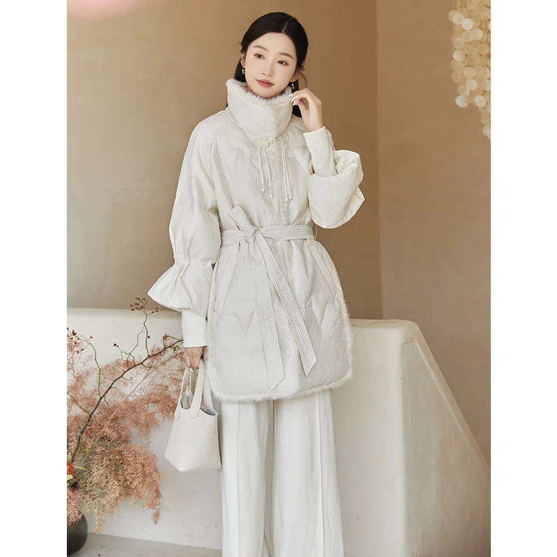 Winter Women's Retro Chinese Style down Jacket Buckle 90 White Duck down Thickened Loose-Fitting Jacket