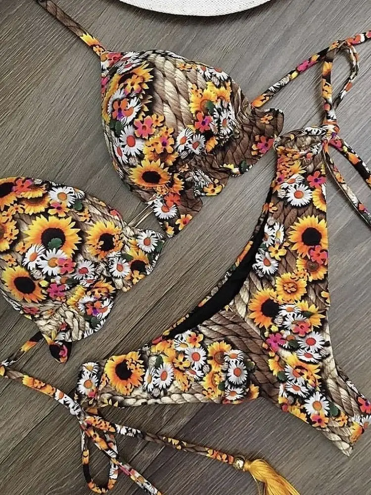 RUOTONGSEPT Sexy Micro Bikinis Set 2022 New Swimsuit Women Feather Print Bandage Swimwear Female Bathing Suit Brazilian Biquinis