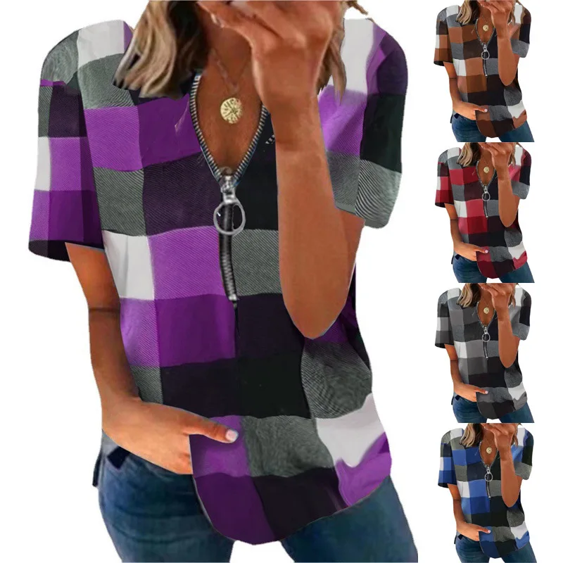 

Women's Shirt Summer New Fashion Casual Zipper Plaid Print Short-sleeved T-shirt Tops Female