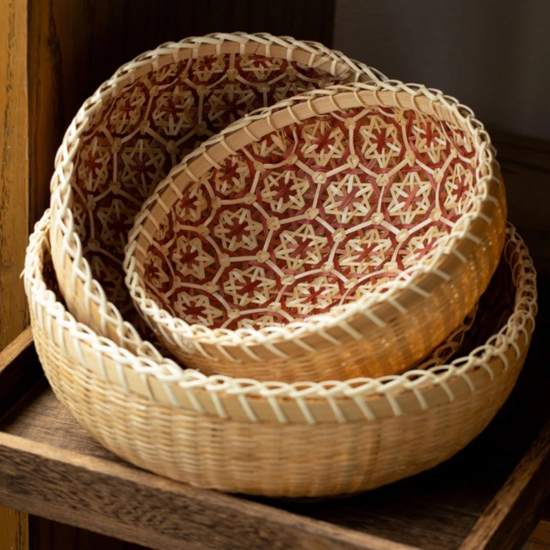 Natural Wicker Storage Basket Round Bamboo Bread Basket Fruit and Vegetable Storage Box Home Farmhouse Decor 3