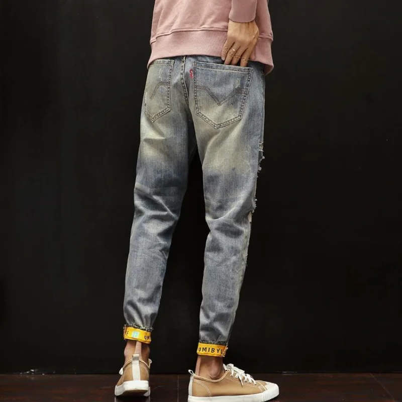 With Print Tapered Men's Jeans Broken Ripped Retro Korean Fashion Man Cowboy Pants Graphic Torn Slim Fit Boot Cut Holes Trousers
