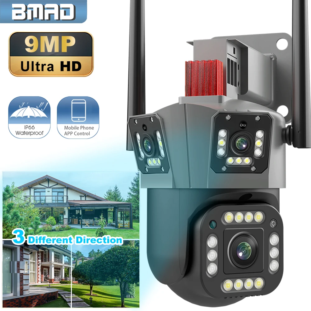 

WiFi PTZ Camera Three Lens 4K 9MP HD Outdoor IP Camera Auto Tracking Security Protect CCTV Surveillance P2P Color Night Vision