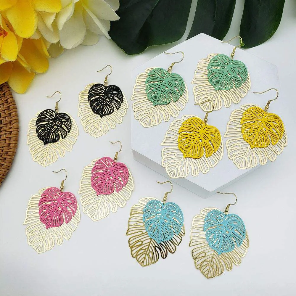 Orecchini Monstera Grandi A Doppio Strato Hawaiano Boho Oro Ottone Deliciosa Statement Hook Earring Jewelry
