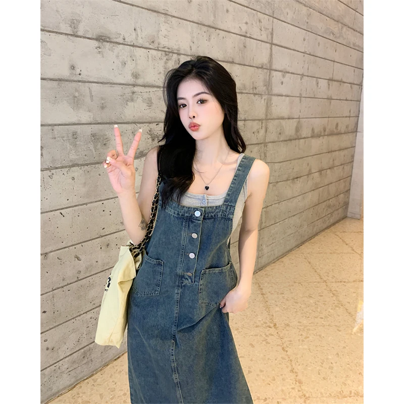 Jeans Women 2023 New Deep Blue Summer Commuter Women's Fat mm Strap Dress Feel Loose and Slim Medium Length Tank Top Long Dress