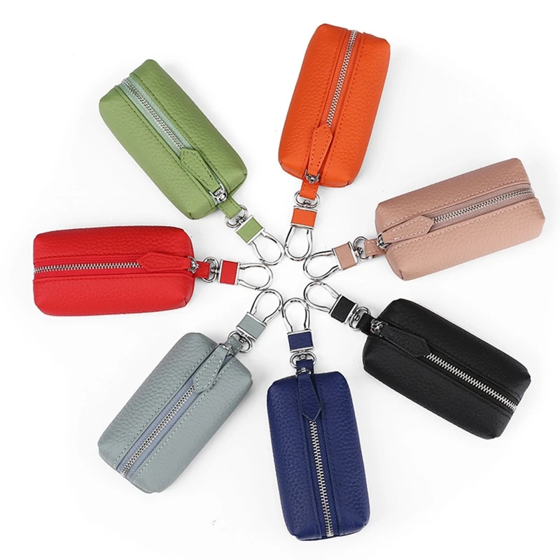 

63HC Men's Crazy Horse Genuine Leather Key Wallet Coin Card Holder Money Bag with Keyring Zipper Pocket Mini Car Key Holder