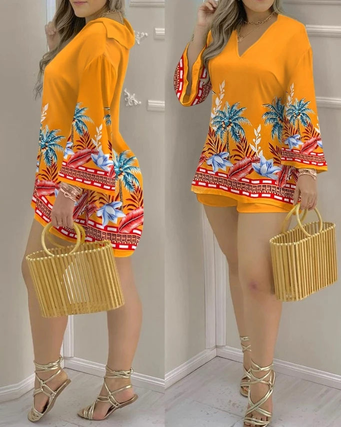 Women's Commuting Suits 2024 Spring/summer Latest Retro V-Neck Tropical Coconut Tree Print Bell Sleep Top&holiday Shorts Set