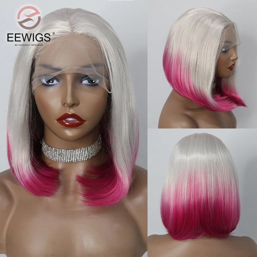 

Short Bob Synthetic Ash Blonde Ombre Pink Colored Heat Resistant 13x4 Lace Front Drag Queen Cosplay Wigs For Women Preplucked