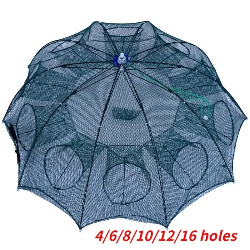 4-16 Holes Strengthened Fishing Net Shrimp Cage Foldable Nylon Automatic Umbrella Shape Fish Trap Cast Folding Landing Net