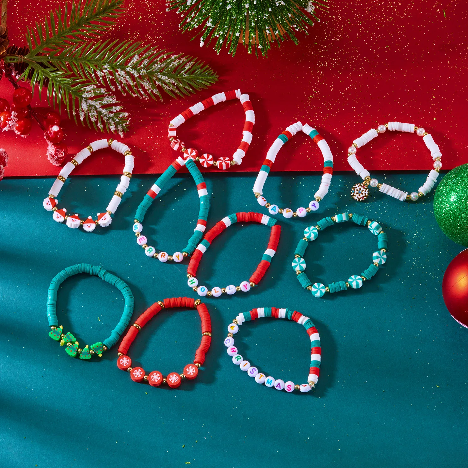 10-teiliges buntes weiches Tonperlen-Weihnachtsarmband-Set für Frauen, Weihnachtsmann, Weihnachtsbaum, Schneeflocke, stapelbare Armbänder, Schmuck – Detail 11