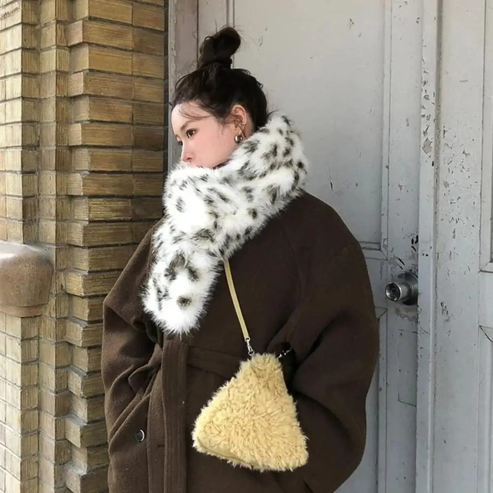 Korean Leopard Print Long Fur Scarfs Winter Y2K Vintage Warm Plush Scarf Fashion Thickened Lengthened Faux Fur Shawl Streetwear