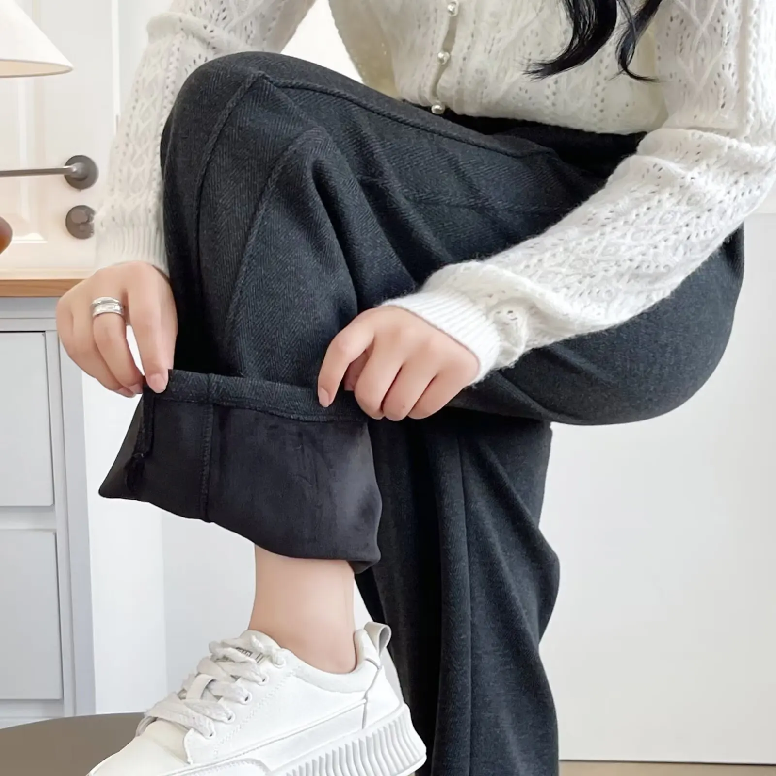 XXXXL Fashion Plus Size Women's Straight Leg Pants 2025 Autumn/Winter New Oversized Fleece Thickened Split Woolen Trousers 8030