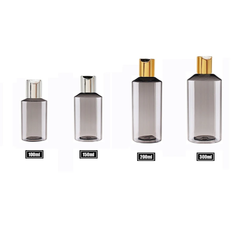 플라스틱 여행용 병 20 개 100ml, 150ml, 200ml, 300ML, 골든 디스크 탑 샴푸 샤워 젤 병이 있는 빈 화장품 용기