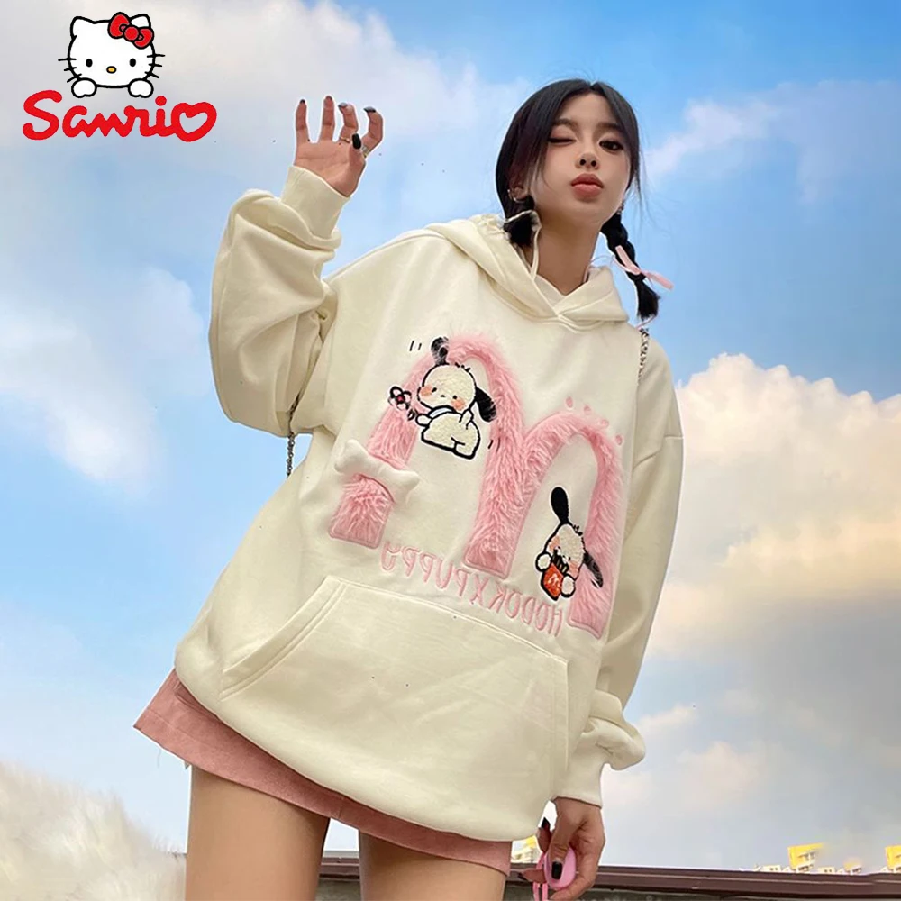 

Кавайная Женская толстовка с капюшоном Sanrio почточо, демисезонная, зимняя, свободная, мультяшная, повседневная куртка в стиле хип-хоп, модные топы в подарок
