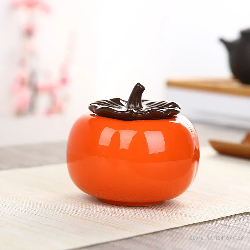 Persimmon Shaped Tea Pot, Creative Ceramic, Green, Orange, Small Size, 8.8x8cm, Household Tea Room Items, 1Pc