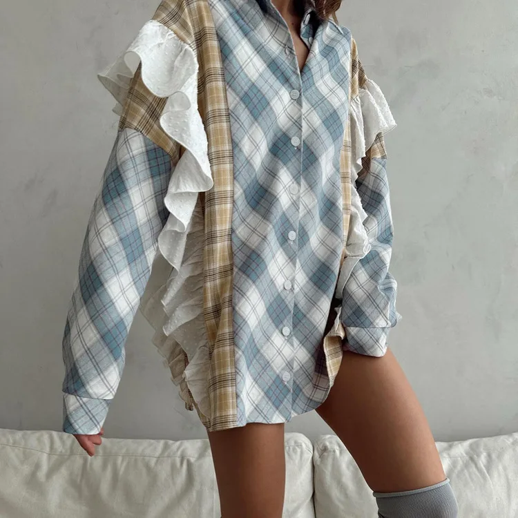 Ruffled Fashion Patchwork Shirts Women's Long Sleeve Lapel Cardigan Striped Contrast Clothes For Women Summer Shirts Coat