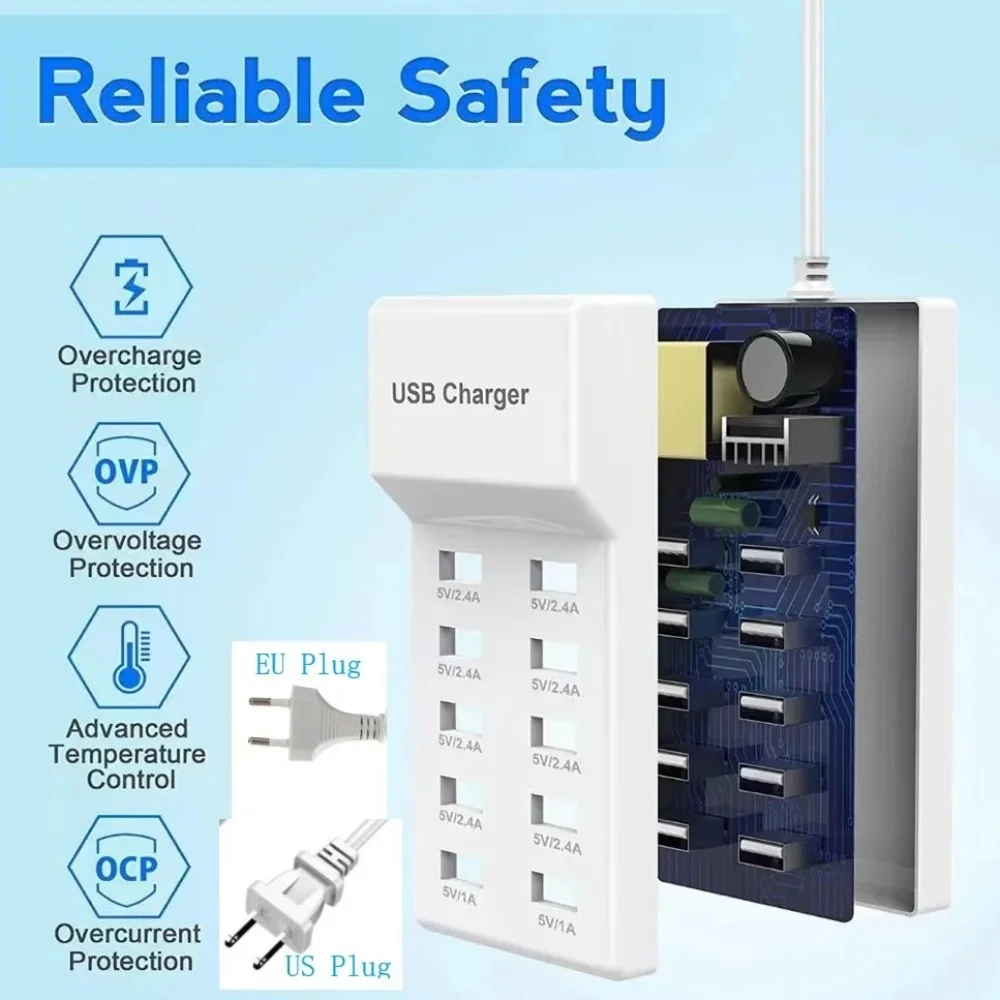 USB Plug Power Strip 50W USB Type C Fast Charger Station Splitter Phone Charging EU US UK Electrical Socket 10 Ports USB Travel