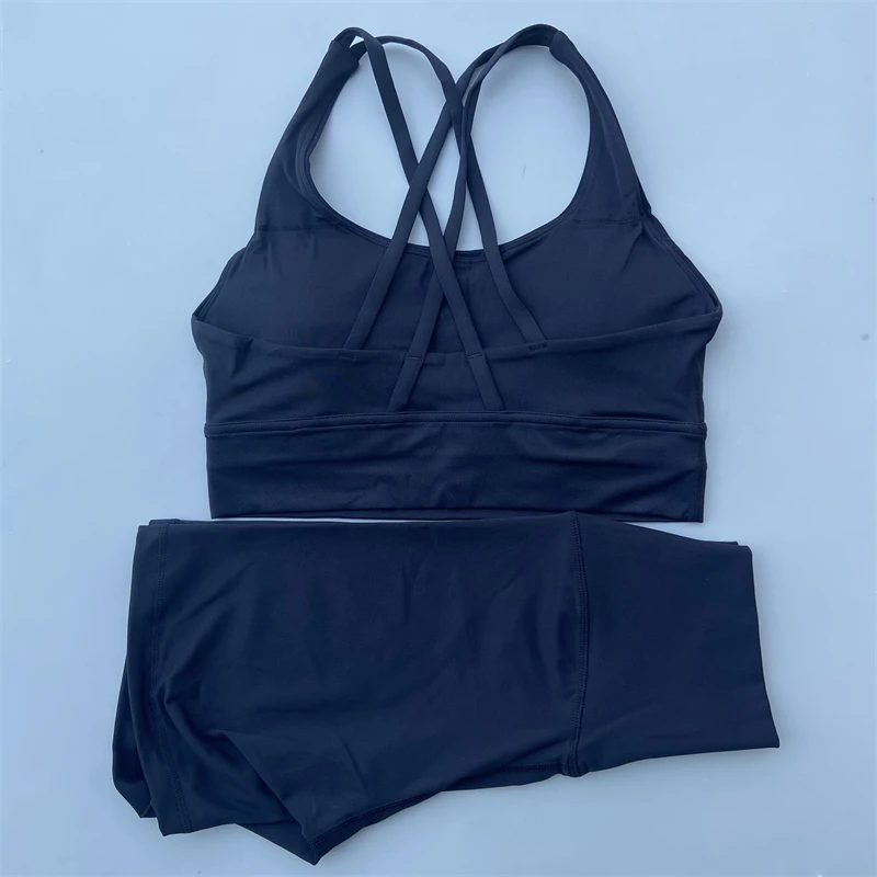 2 Piece Yoga Set Gym Sports Shorts Set Women Workout Outfit Fitness Suit Cross Straps Bra High Waist Shorts Running Tracksuit 5