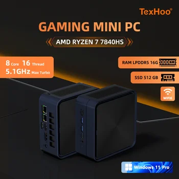 Texhoo Mini PC Windows 11 Pro Ryzen DDR5 4800MHz WiFi6 BT5.2 Gaming PC Diy Gaming Computer Compact Mini PC AMD Ryzen7 7840HS 1