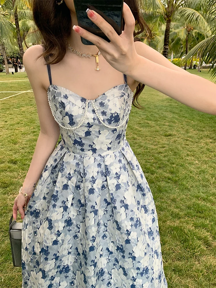 

French Elegant and Unique Design Slip Dress Slim Blue and White Pottery Floral Dress Spring Dress