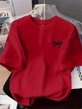 New Women's T-shirt Black Bow Printed Simple Style Casual Fashion Short Sleeve T-shirt Soft Comfortable Summer Women Clothing 1