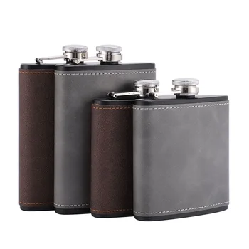 6/8oz Portable Hip Flask Brown Leather Covered Stainless Steel Flask for Alcohol Whiskey Flasks Man Gift 1