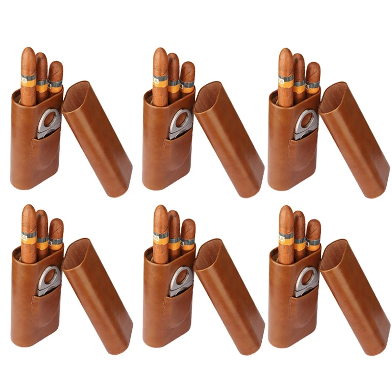 

Hot 6X High Quality 3-Finger Humidors Portable Cigar Box Brown Cigar Leather Case With Cigar Cutter