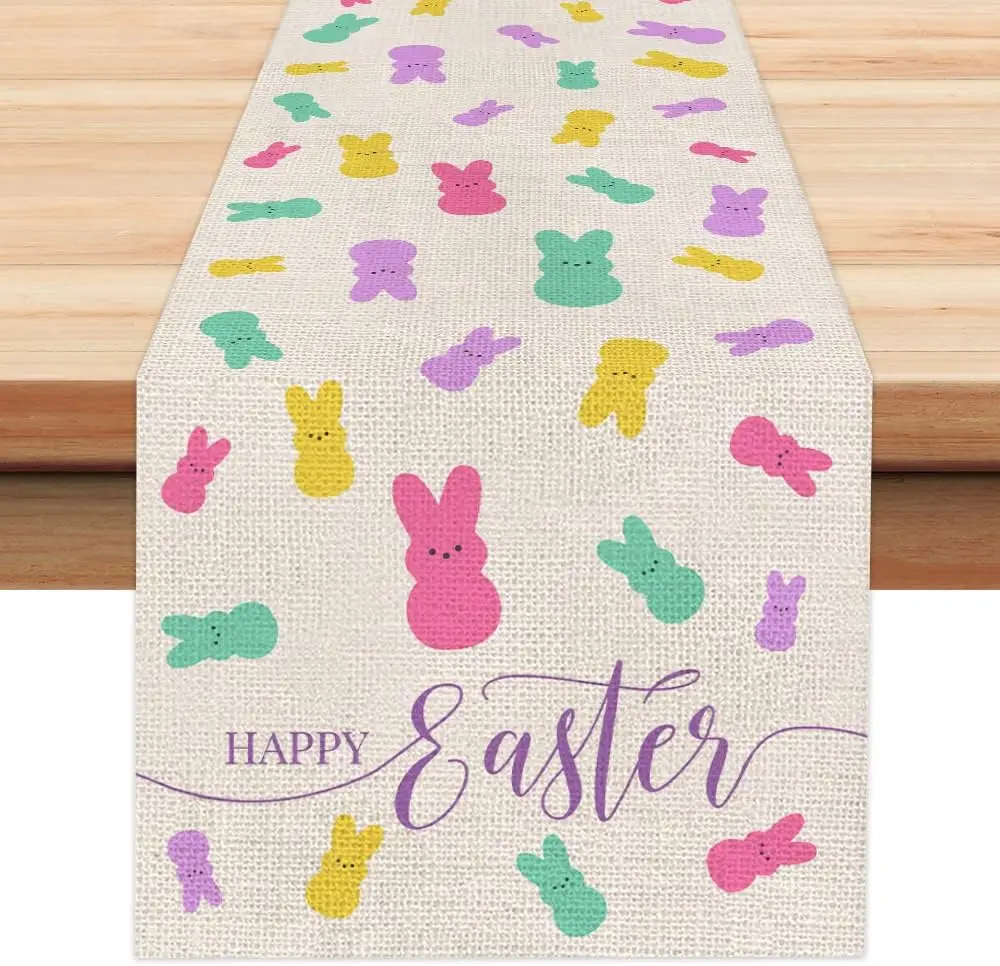 

Happy Easter Table Runner Color Bunny Seasonal Spring Decor Linen Table Runner Rabbit Theme Gathering Dinner Party Decorations