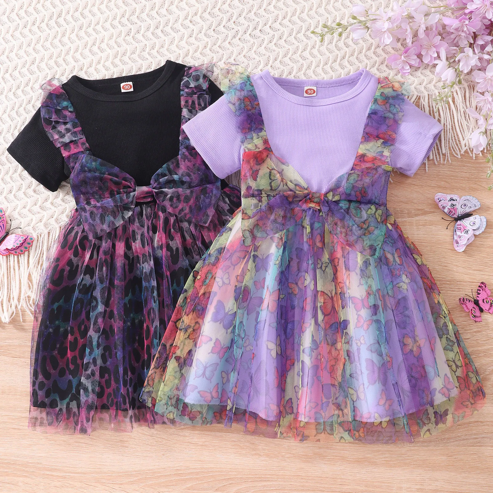 

Kids Girls Tulle Lace Dress Toddler Children Short Sleeve Butterfly Leopard Prints Bowknot Princess Dress Summer Party Sundress