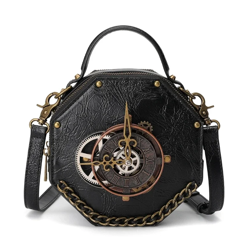 Steampunk shoulder bag retro handbag Gothic ladies rivet leather clock slung handbag
